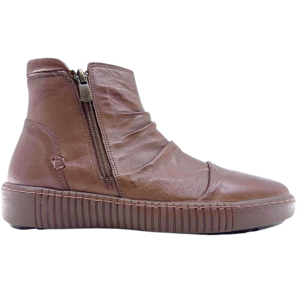 Brown leather ankle boot with a zipper on a white background