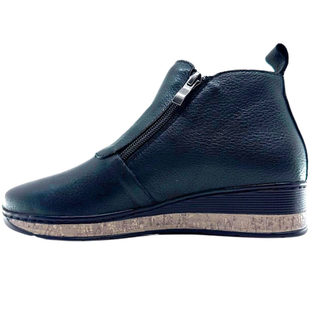 Black leather ankle boot with a zipper on a white background