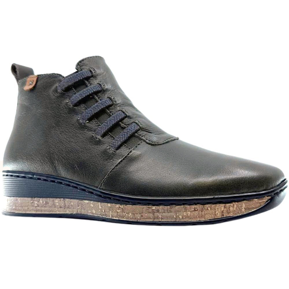 Dark brown leather shoe with a cork outsole on a white background