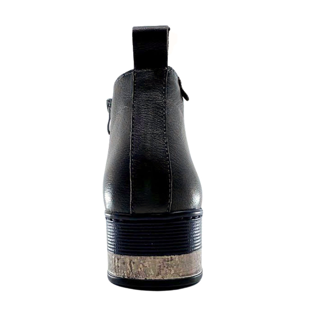 Dark brown leather ankle boot with a textured sole on a white background