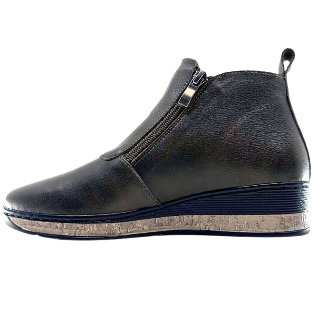 Dark brown leather ankle boot with a zipper on a white background