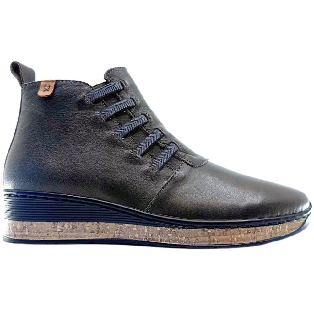Dark brown leather ankle boot with cork sole on a white background