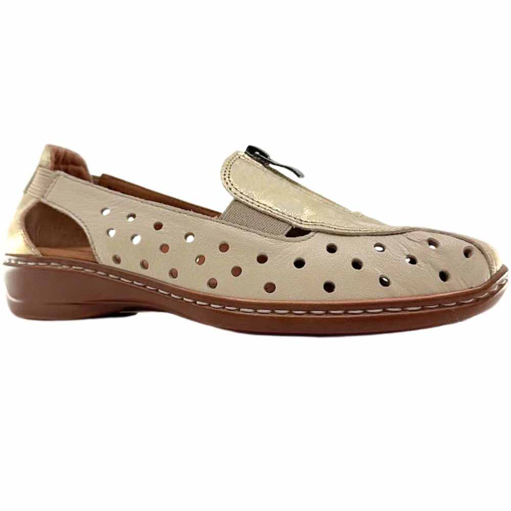 A beige perforated leather slip on shoe with a gold mottle embellished upper, central zip and a brown low wedge outsole, against a white background.