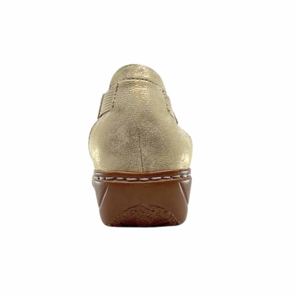 The back view of a leather slip on shoe, showing a gold leather heel counter and a brown wedge rubber sole, against a white background.
