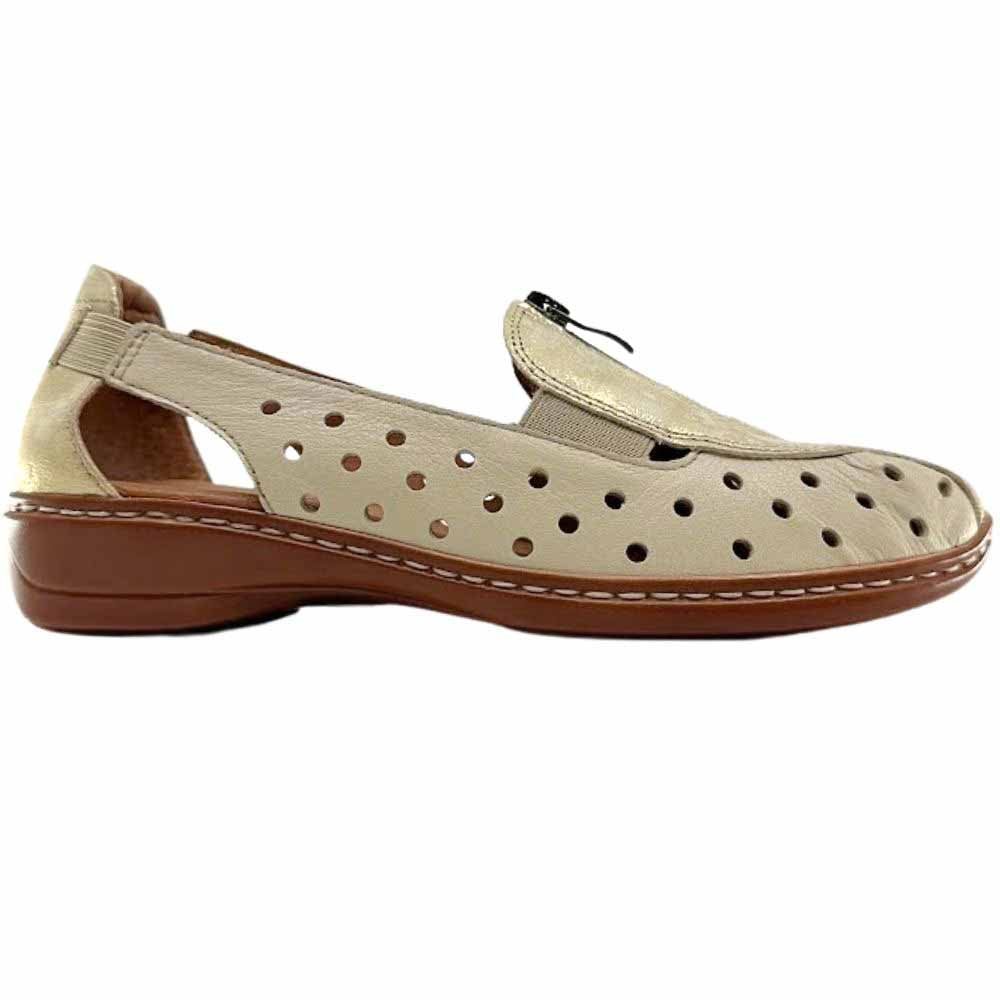 A beige perforated leather slip on shoe with a gold mottle embellished upper, central zip and a brown low wedge outsole, against a white background.