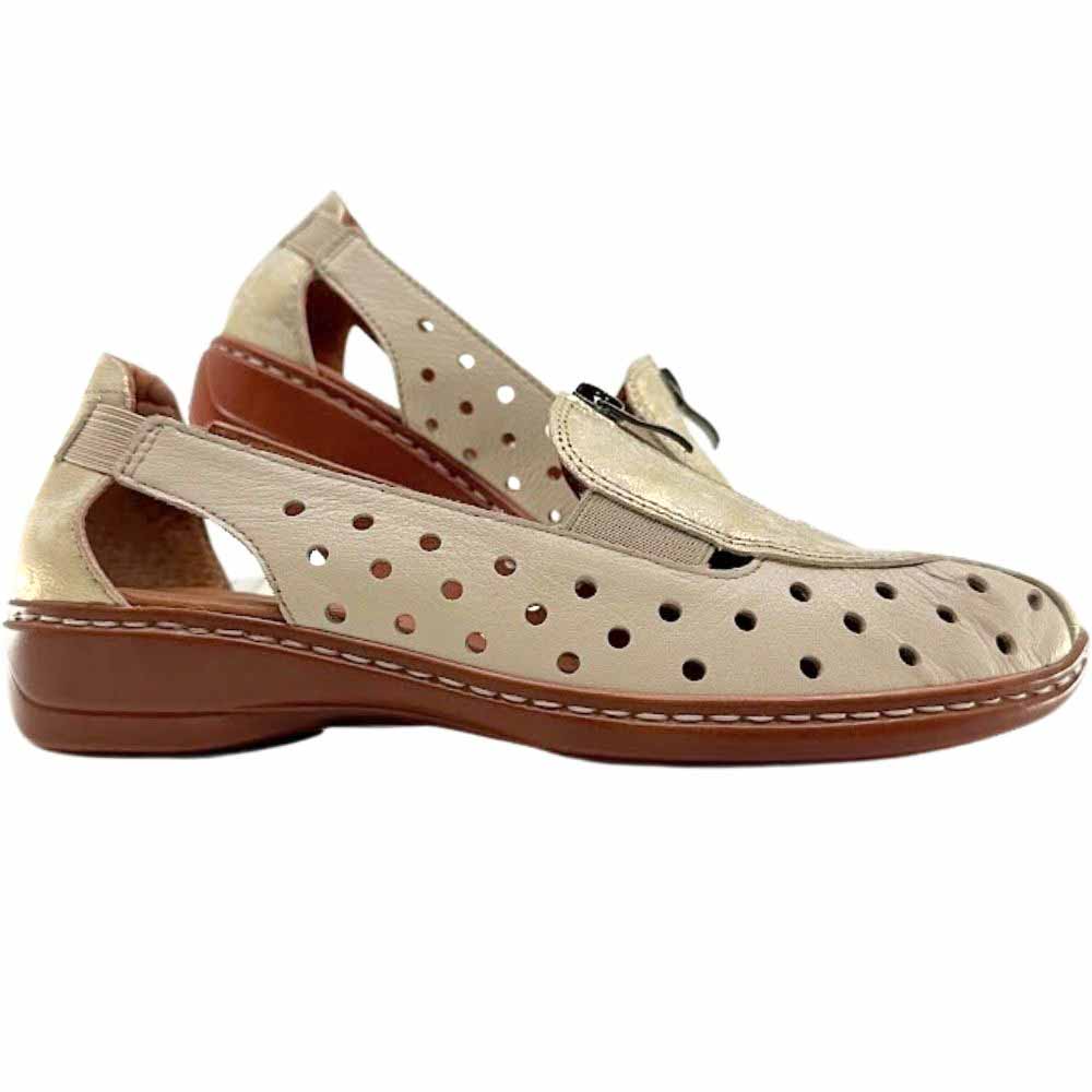 A pair of beige perforated leather slip on shoes with a gold mottle embellished upper, central zip and a brown low wedge outsole, against a white background.