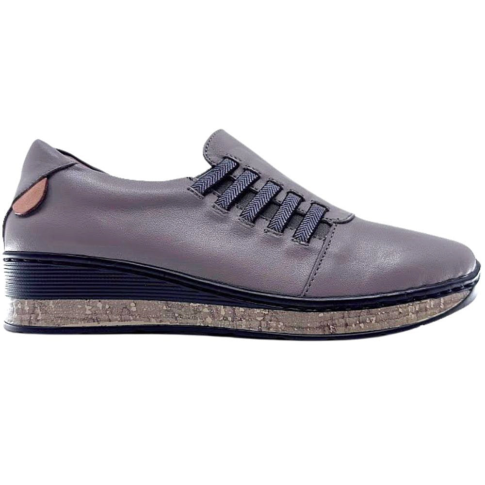 Dark stone shoe with a textured sole on a white background