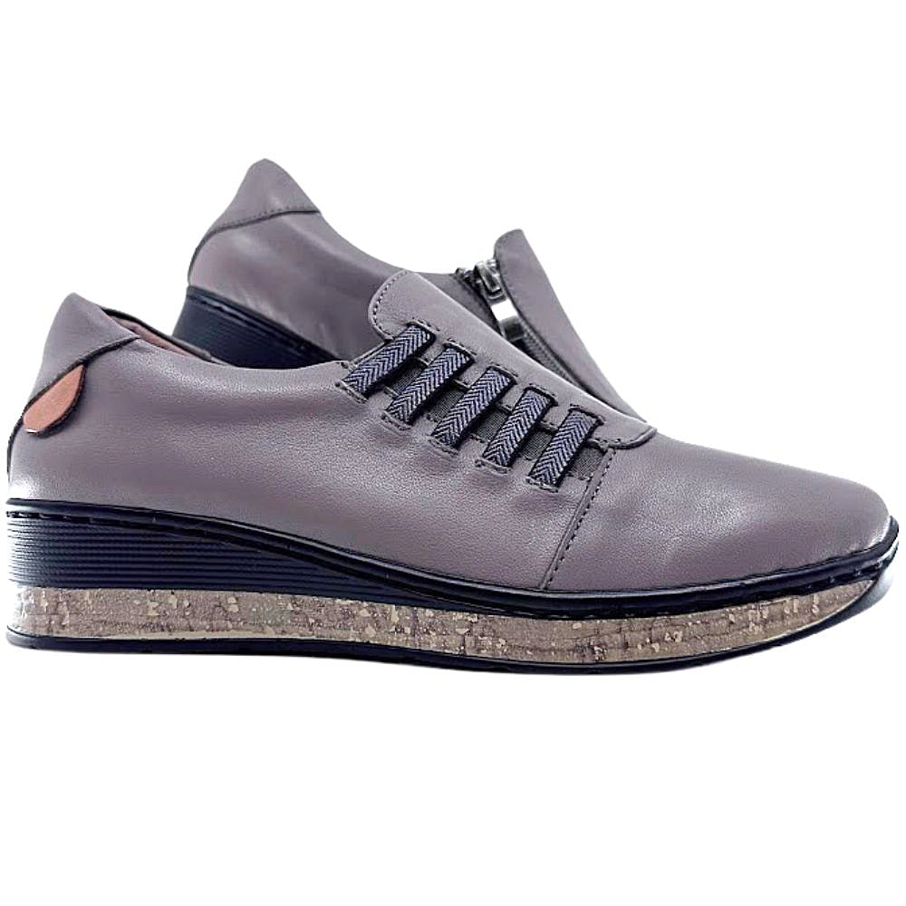 Dark stone shoes with a textured sole on a white background