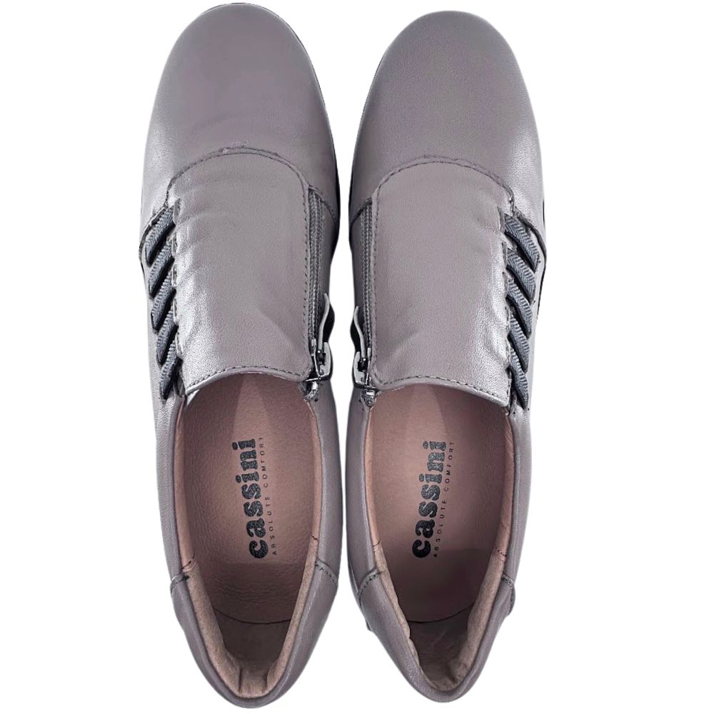 Pair of dark stone shoes with 'cassini' branding on a white background