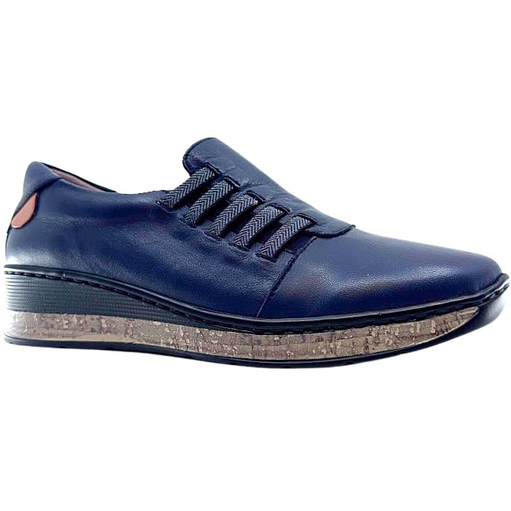 Navy blue shoe with a textured sole on a white background