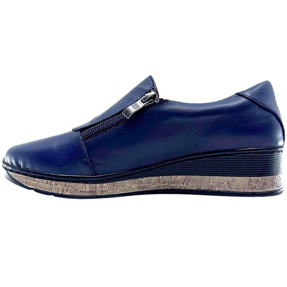 Navy shoe with a zipper on a white background