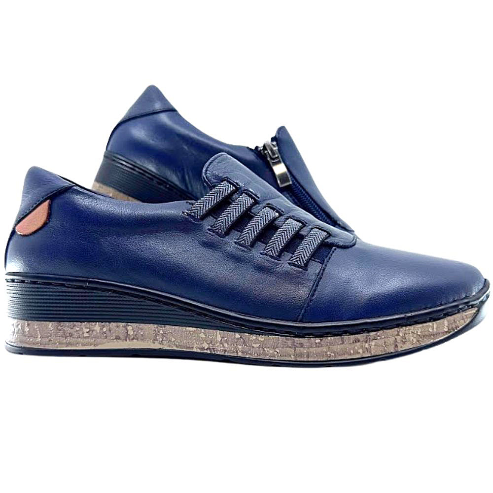 Navy leather shoe with a textured sole on a white background