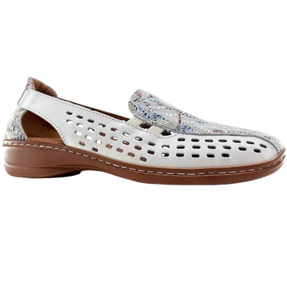 A single white perforated leather slip on shoe with a multicolour tongue and heel counter and a brown low wedge outsole on a white background.