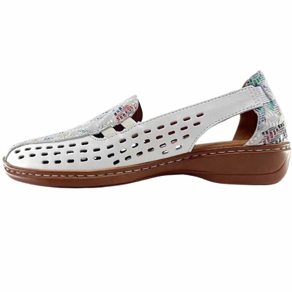 A single white perforated leather slip on shoe with a multicolour tongue and heel counter and a brown low wedge outsole on a white background.