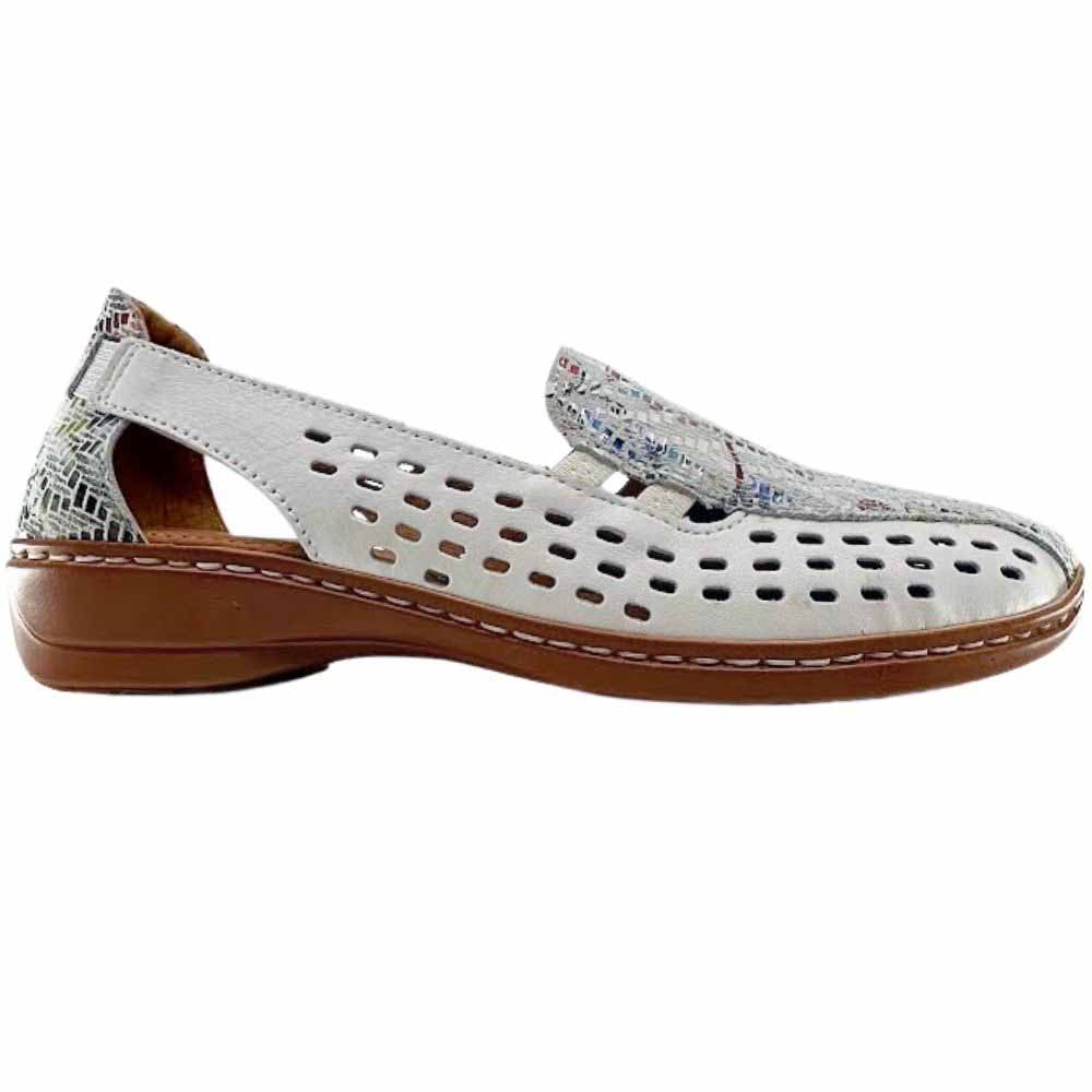A single white perforated leather slip on shoe with a multicolour tongue and heel counter and a brown low wedge outsole on a white background.