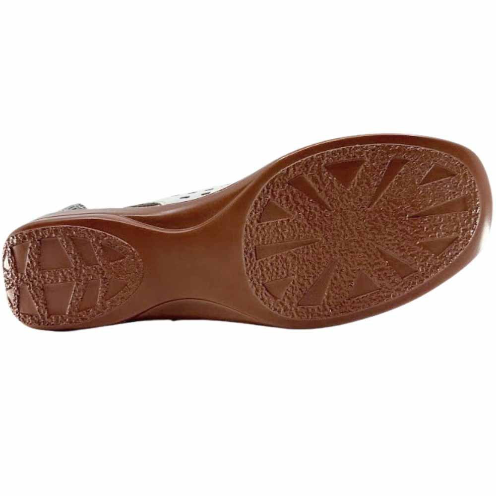 The brown rubber outsole showing a tread pattern, against a white background.