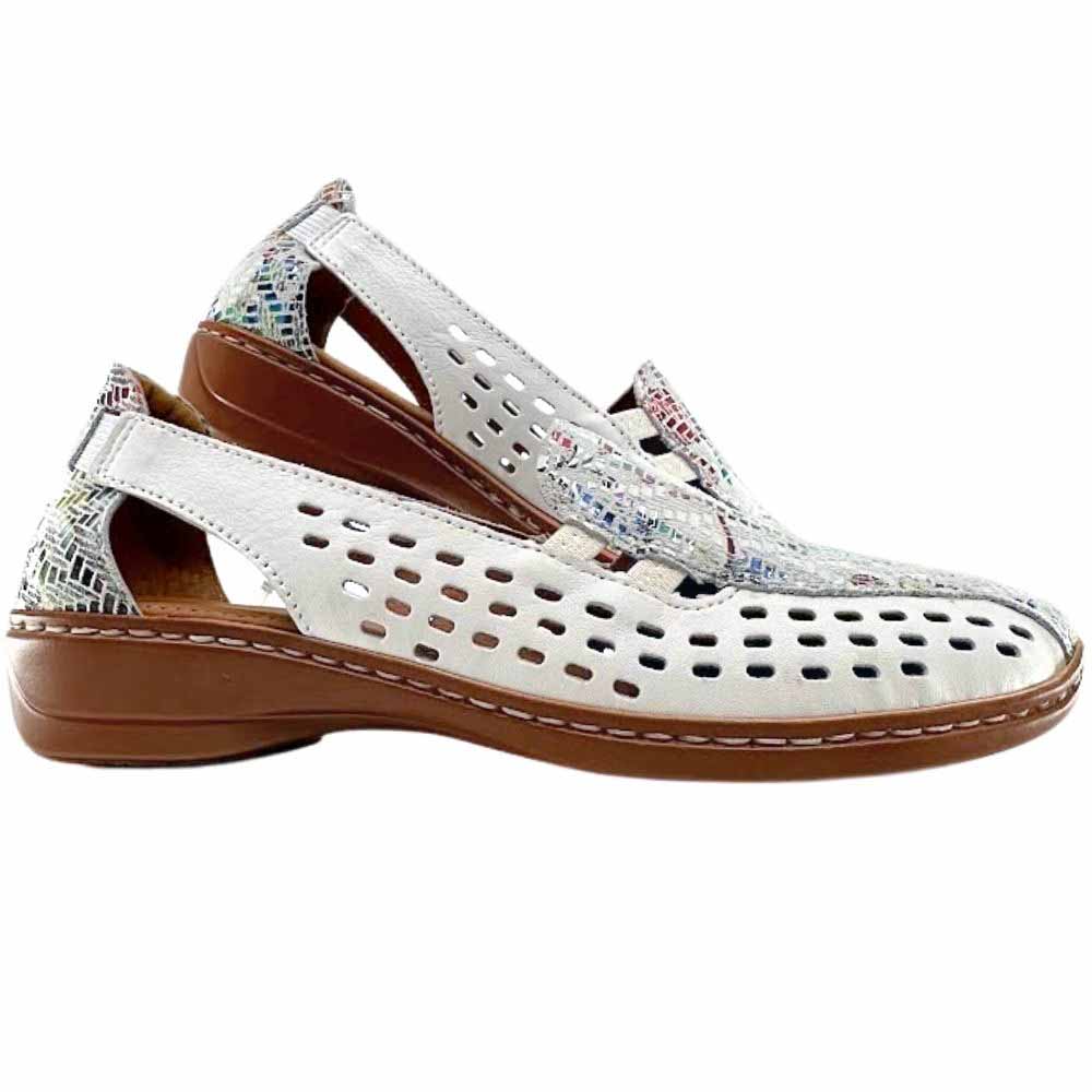 A pair of white perforated leather slip on shoes with a multicolour tongue and heel collar and a brown low wedge outsole on a white background.
