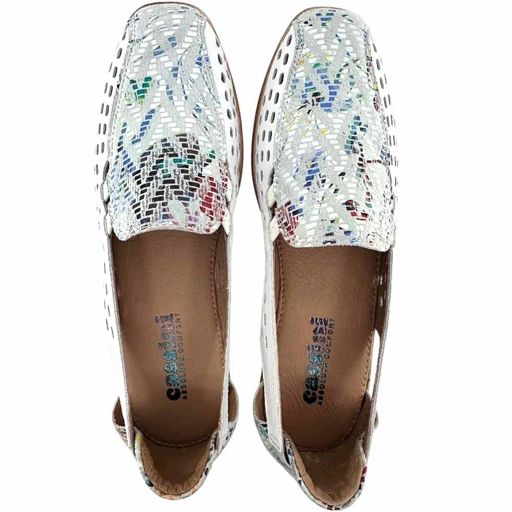 A pair of white perforated leather slip on shoes with a multicolour tongue and heel counter from a top-down perspective on a white background.