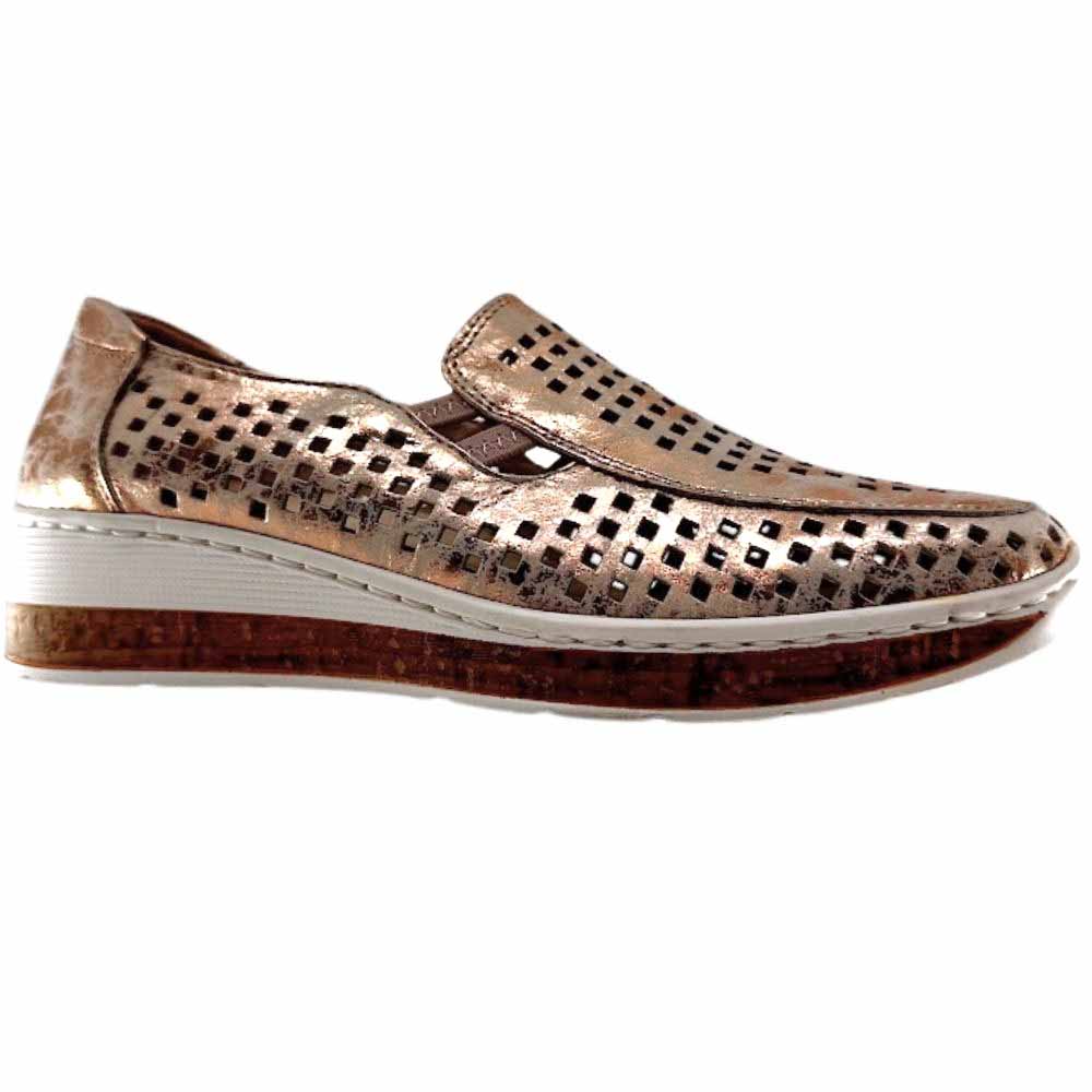 A single slip-on loafer shoe with a metallic rose gold finish, featuring a perforated pattern across the upper and a cork-textured midsole.