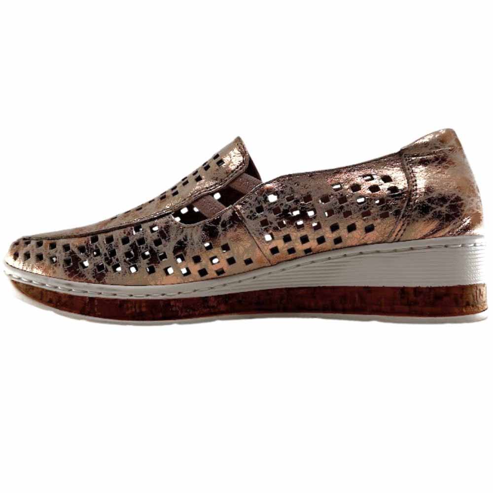 A single slip-on platform shoe with a rose gold leather upper, featuring square perforations across the top, a white midsole, and a cork and rubber outsole.