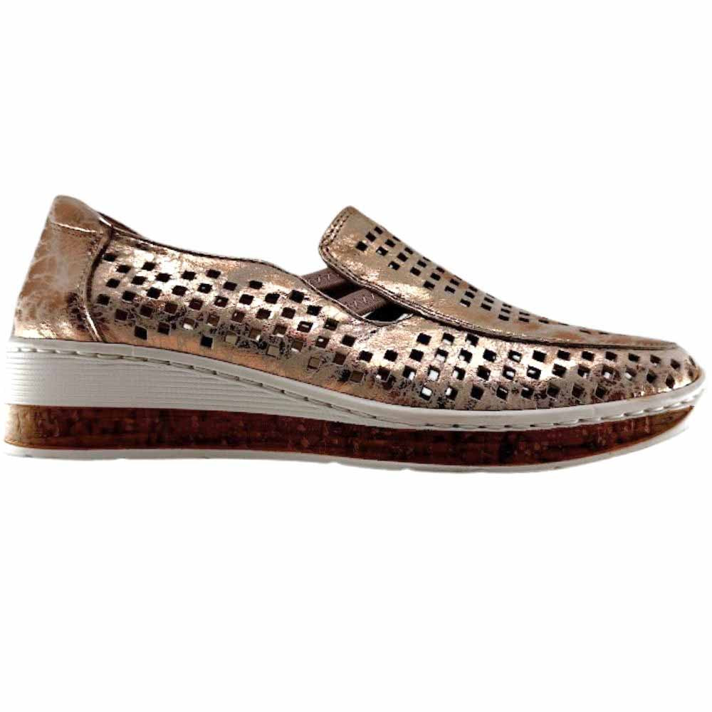 A metallic rose gold slip-on shoe with a perforated upper and a cork-textured wedge sole, shown in a side profile view against a white background.