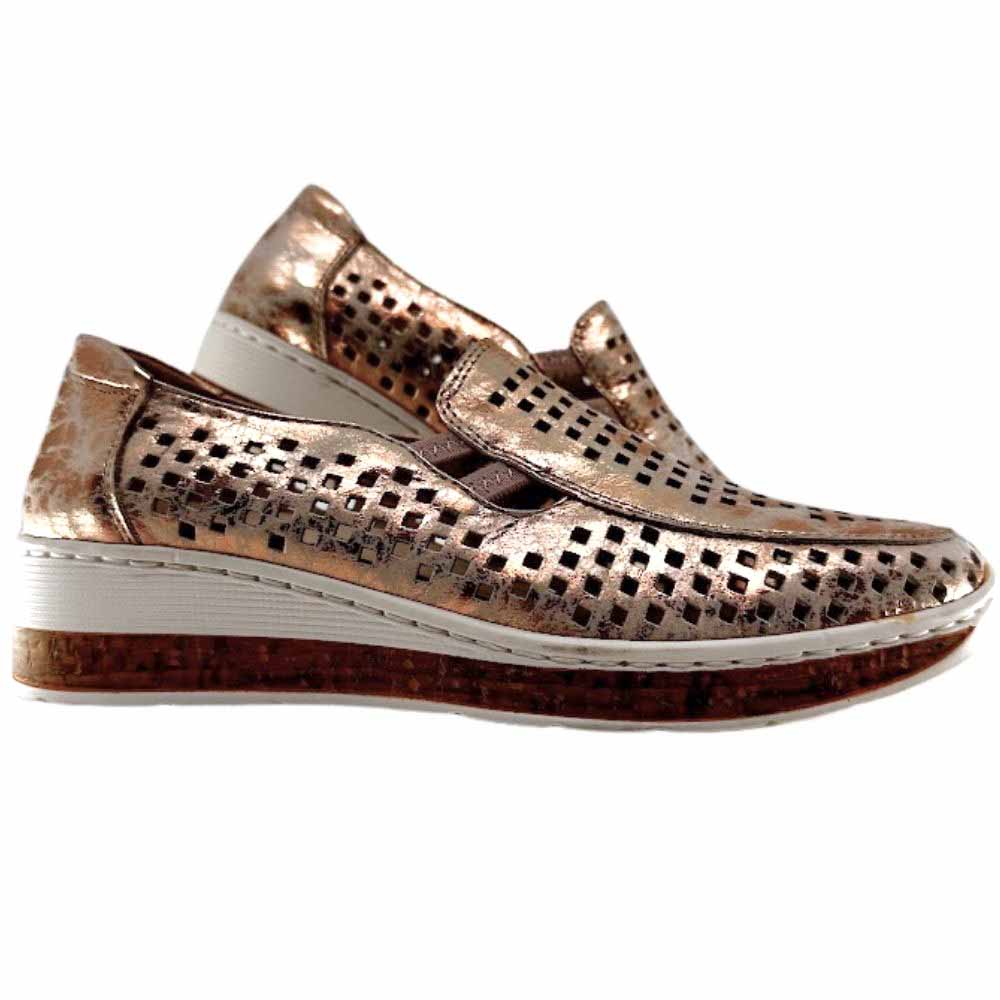 A pair of women's slip-on wedge shoes in a metallic rose gold finish with a geometric perforated pattern, featuring a cork-textured midsole and white stitching.
