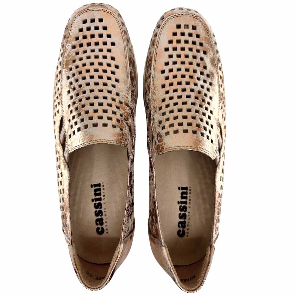 A pair of Cassini slip-on loafer shoes in a rose gold leather with a perforated upper design, shown from a top-down view on a white background.