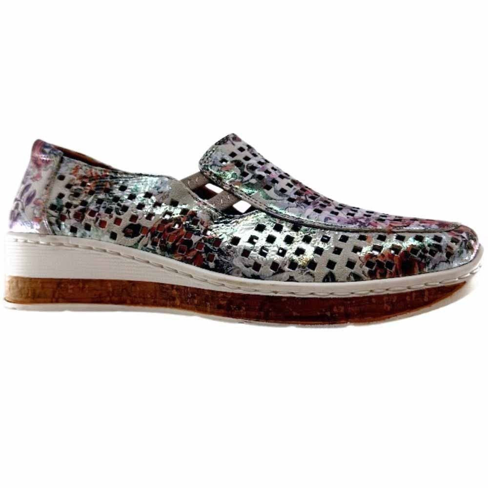 A women's slip-on wedge shoe featuring a metallic multicolor floral-patterned upper with a textured perforated design, a cork-look midsole, and a white stitched edge.