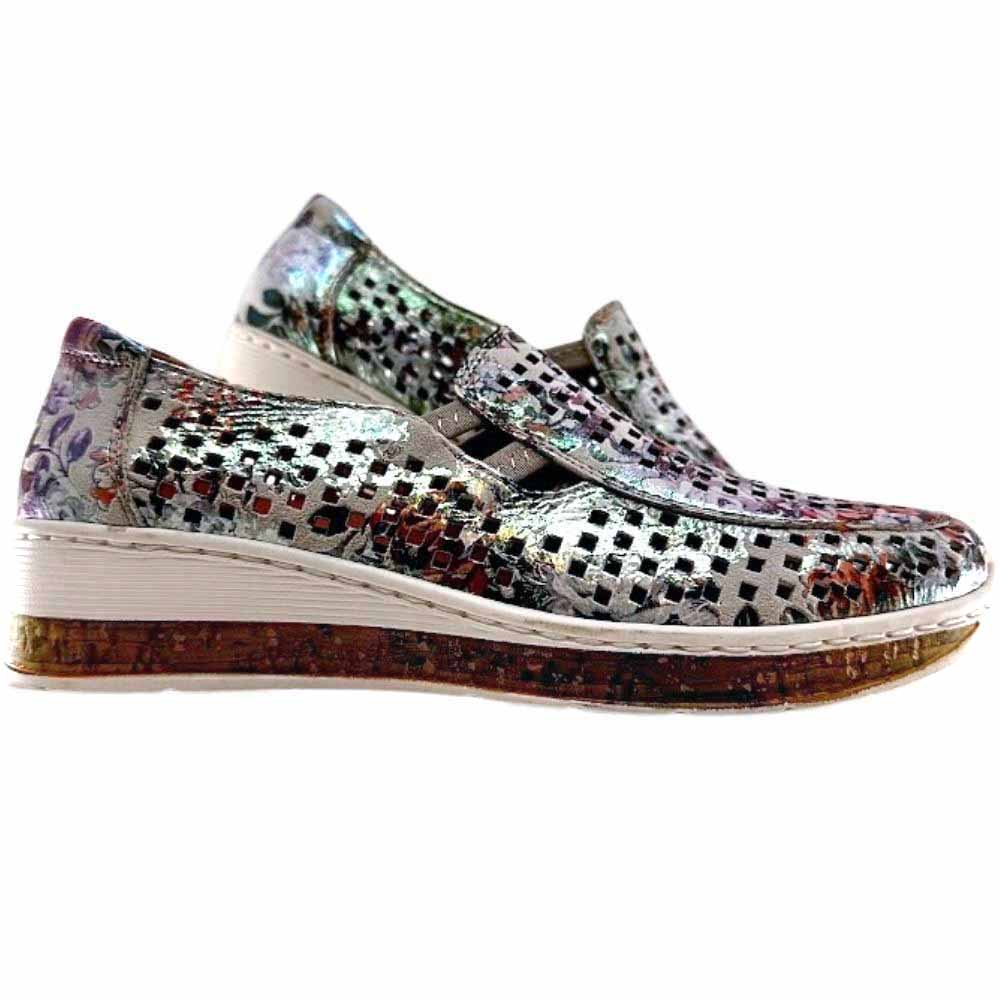 A pair of women's slip-on wedge shoes featuring a metallic multicolor floral-patterned upper with a textured perforated design, a cork-look midsole, and a white stitched edge.