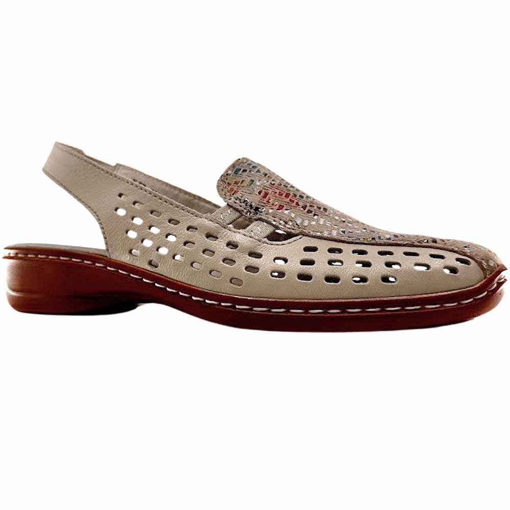 A single perforated leather slingback sandal with a multicolour upper and a brown low wedge outsole on a white background.