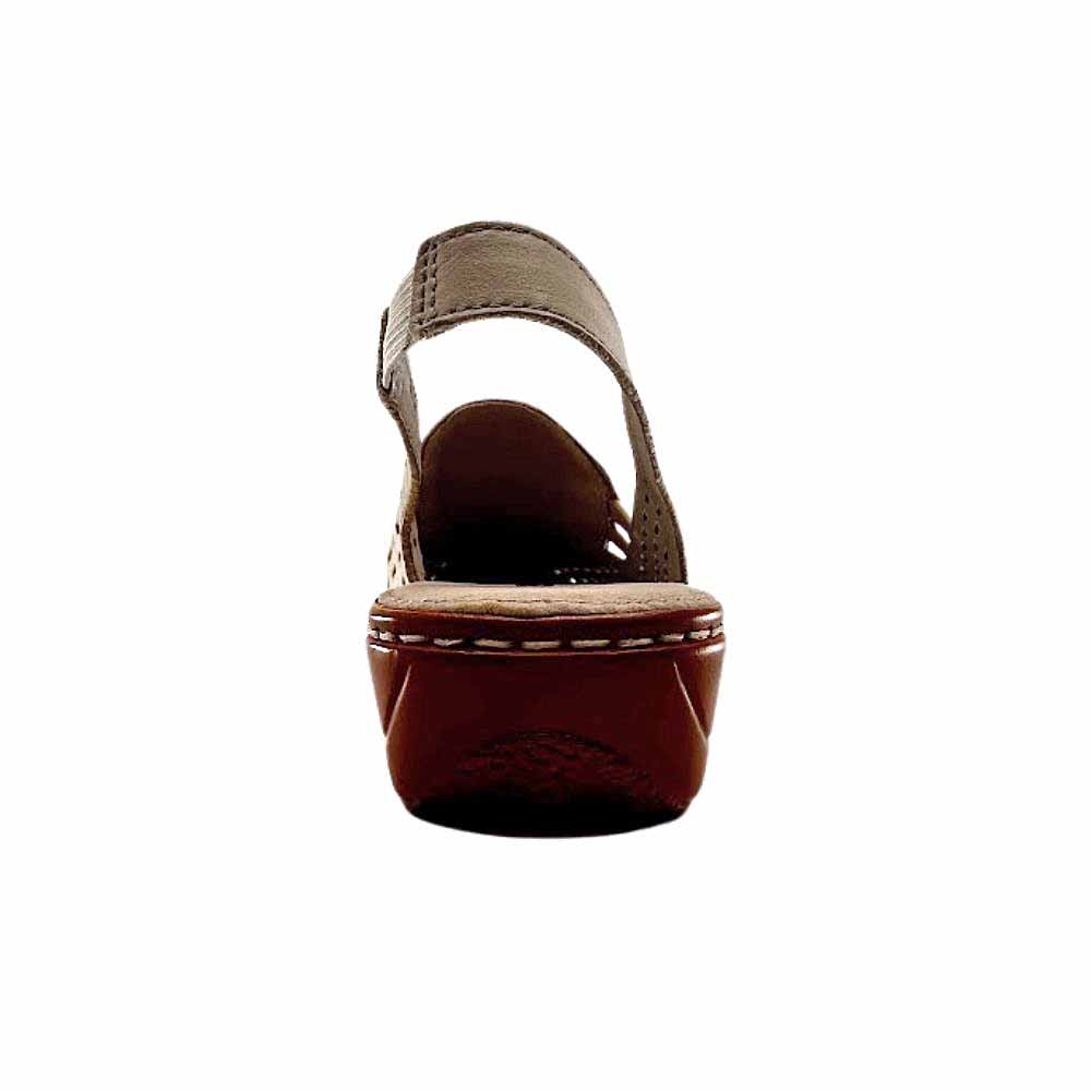 A single women's wedge sandal shown from the back, featuring a cream leather strap and a brown wedge heel, set against a plain white background.