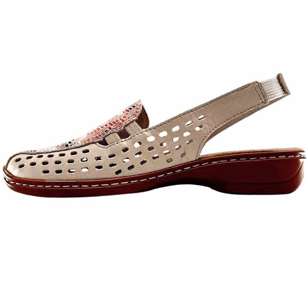 A women's slip-on slingback shoe with a cream perforated leather upper, a multicolour patterned accent across the vamp, and a dark brown wedge sole.