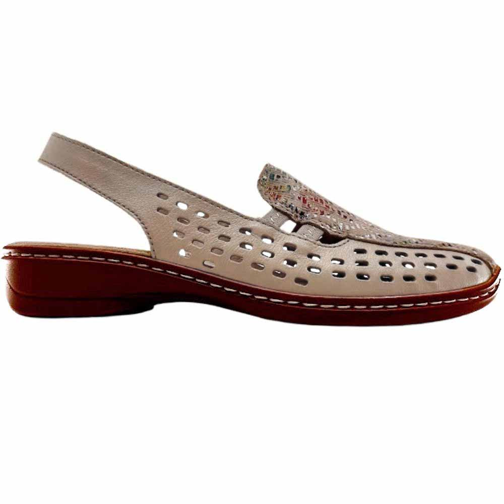 A single perforated leather slingback sandal with a multicolour upper and a brown low wedge outsole on a white background.
