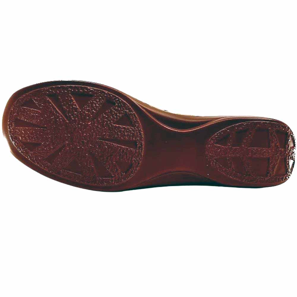 The outsole of a brown leather shoe, showing a textured tread pattern, isolated on a white background.