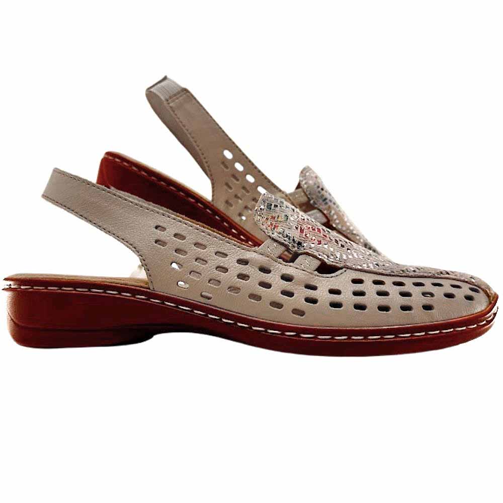 A pair of cream perforated leather slingback sandals with a multicolour upper and a brown low wedge outsole on a white background.