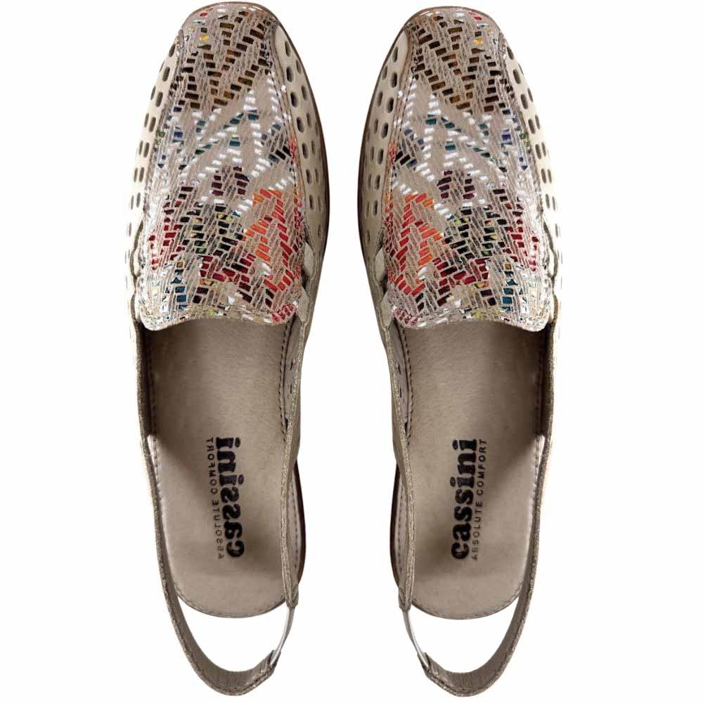 A pair of Cassini slip-on slingback sandals with a multicolour patterned leather upper and a beige insole.