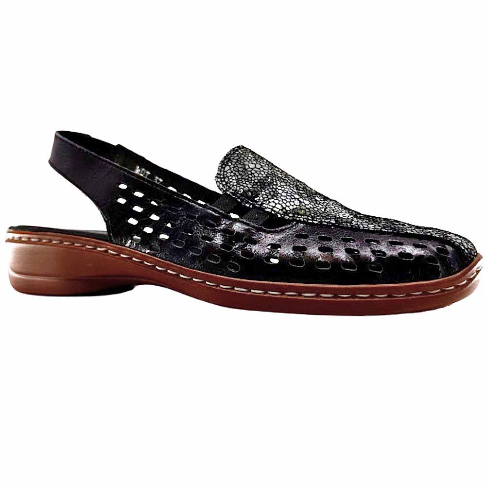 A single women's slingback loafer sandal with a navy perforated leather upper, a multicolour toe cap, and a brown sole, shown against a plain white background.