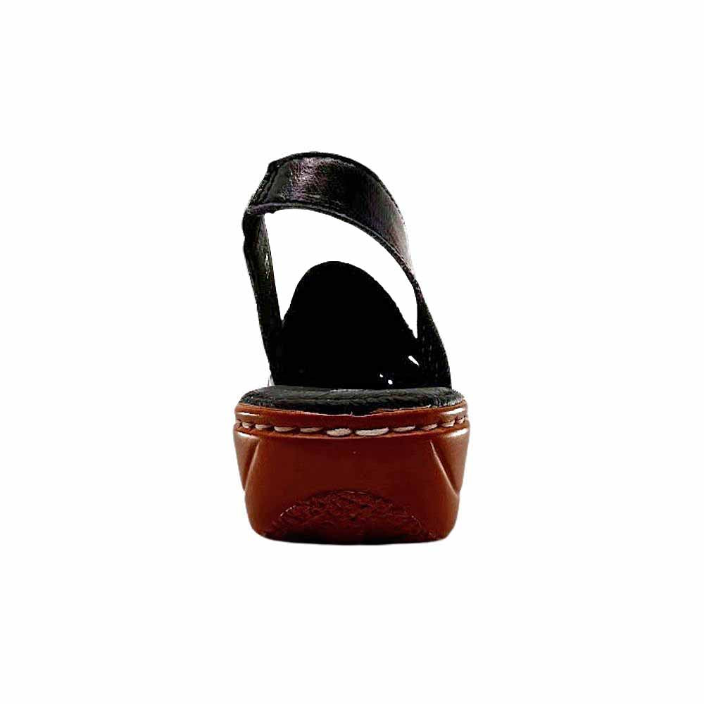 The back of a women's slingback loafer sandal with a navy perforated leather upper and a brown sole, shown against a plain white background.
