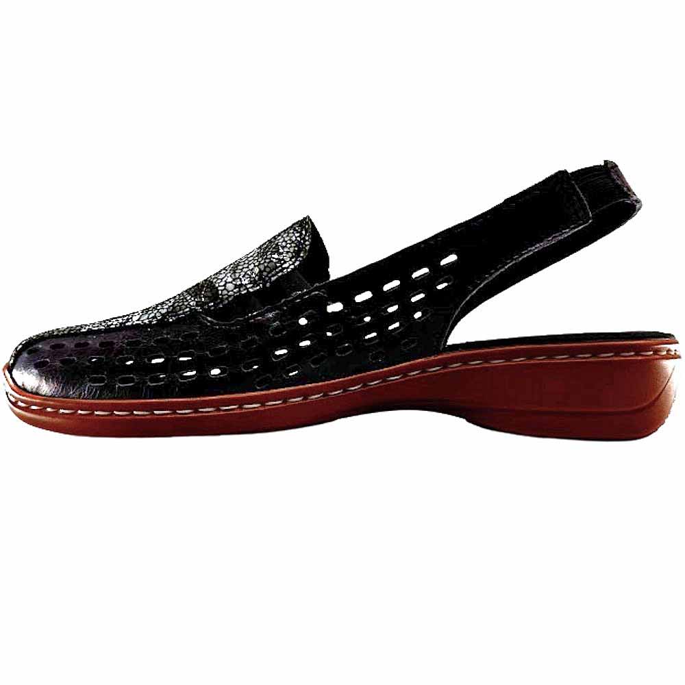 A single women's slingback slip-on shoe in navy perforated leather with a brown wedge sole, shown in a side profile view against a white background.