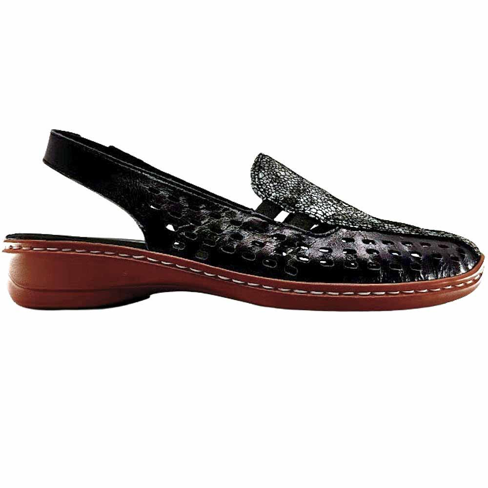A single women's slingback loafer shown in profile against a plain white background. The shoe features a navy perforated leather upper with a textured, snakeskin-like pattern on the vamp, a navy slingback strap, and a brown platform sole with white contrast stitching.
