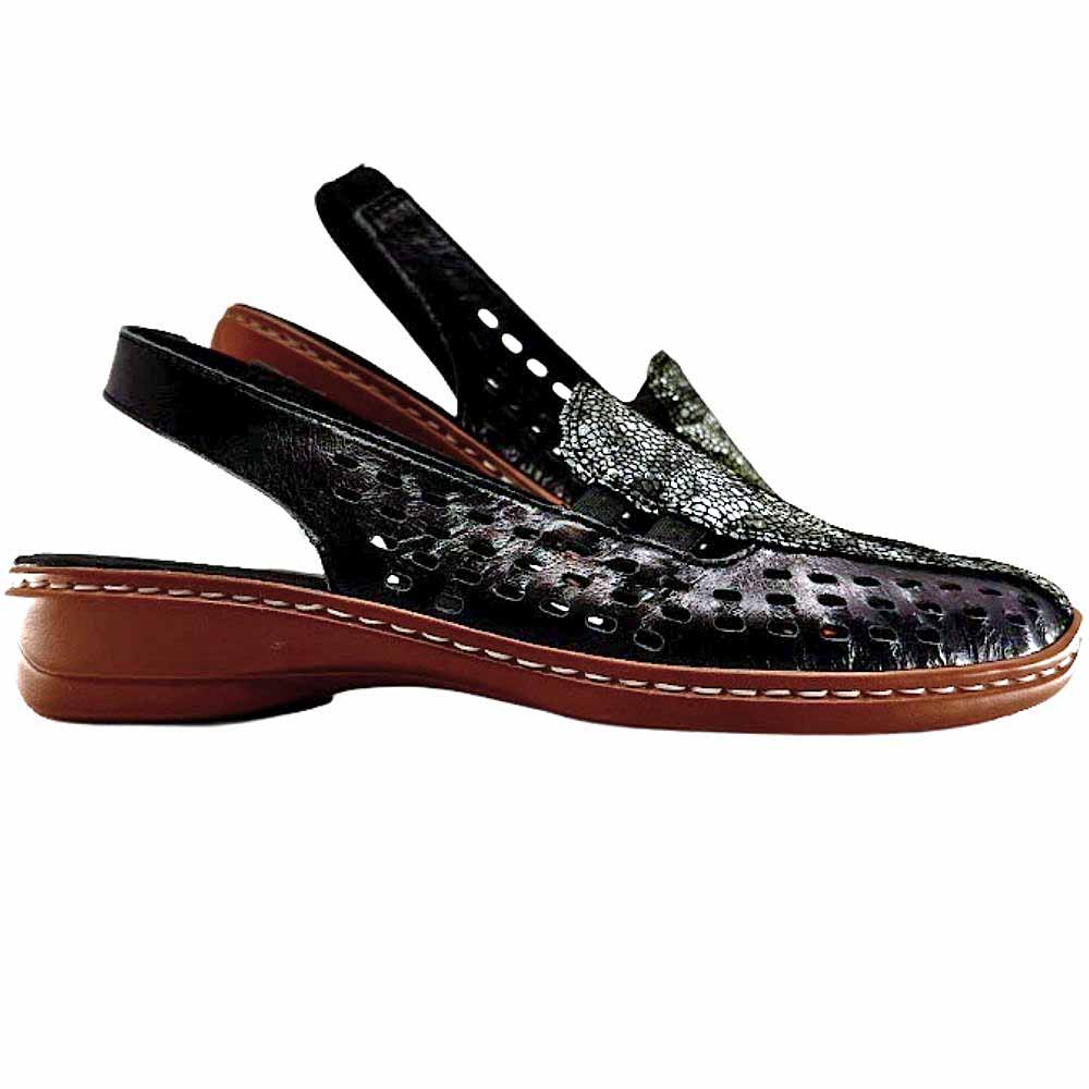 A pair of perforated leather slingback sandals with a multicolour upper and a brown low wedge outsole on a white background.