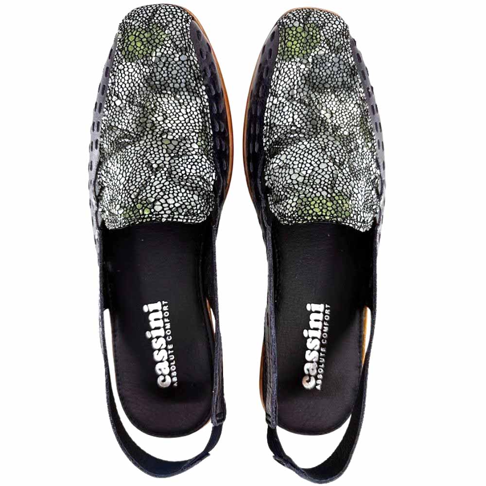 A pair of women's slingback loafer sandals with a navy perforated leather upper, a multicolour toe cap, and a brown sole, shown from a top-down view against a plain white background.