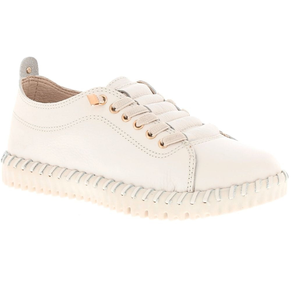 A low-top off-white leather sneaker with concealed laces, gold-tone eyelets, and a distinctive ridged off-white sole, shown from a side profile on a white background.