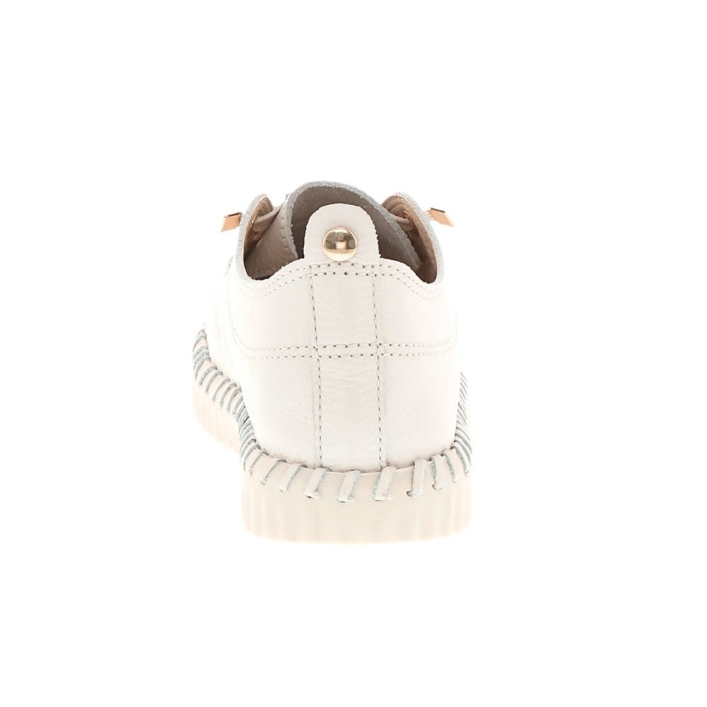 A single off-white leather lace-up shoe shown from a rear three-quarter view, featuring decorative stitching around the sole and a small gold decorative detail.