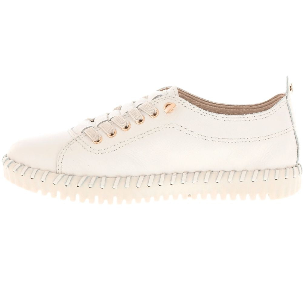 A low-top off-white leather sneaker with concealed laces, gold-tone eyelets, and a distinctive ridged off-white sole, shown from a side profile on a white background.