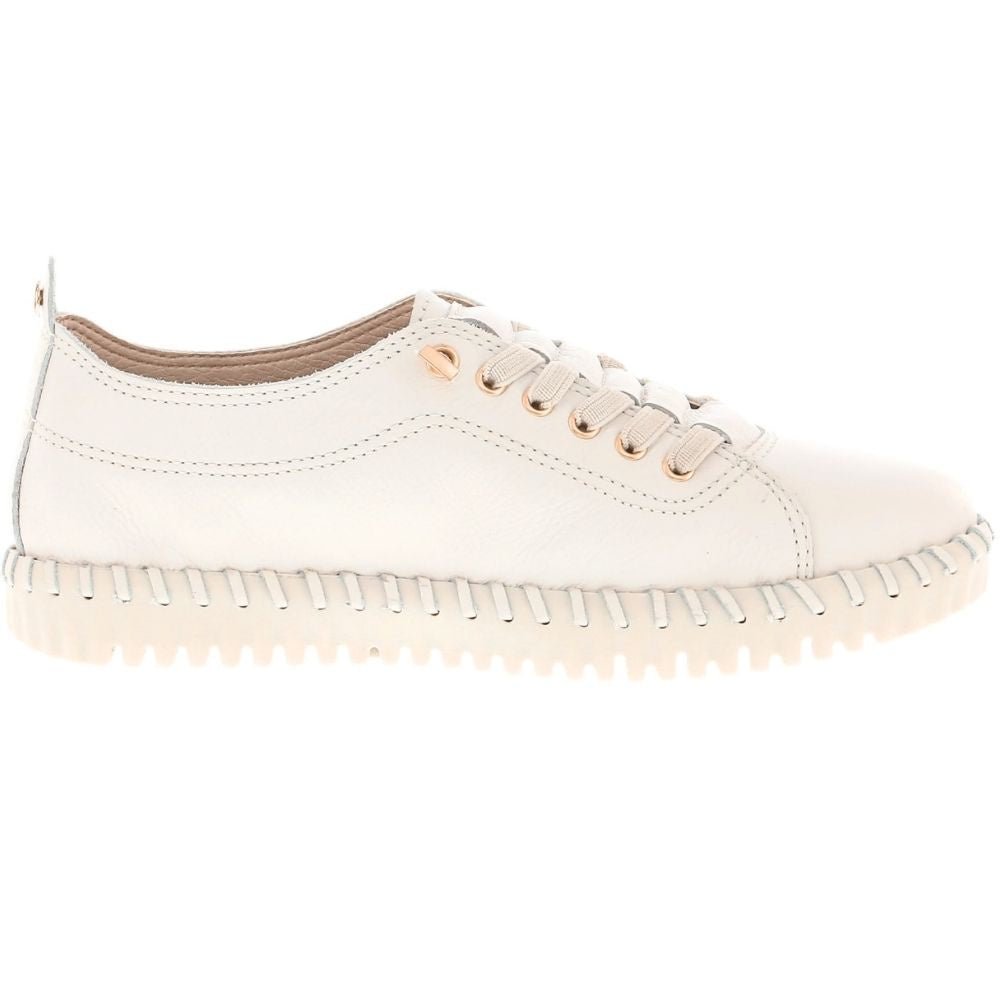 A low-top off-white leather sneaker with concealed laces, gold-tone eyelets, and a distinctive ridged off-white sole, shown from a side profile on a white background.