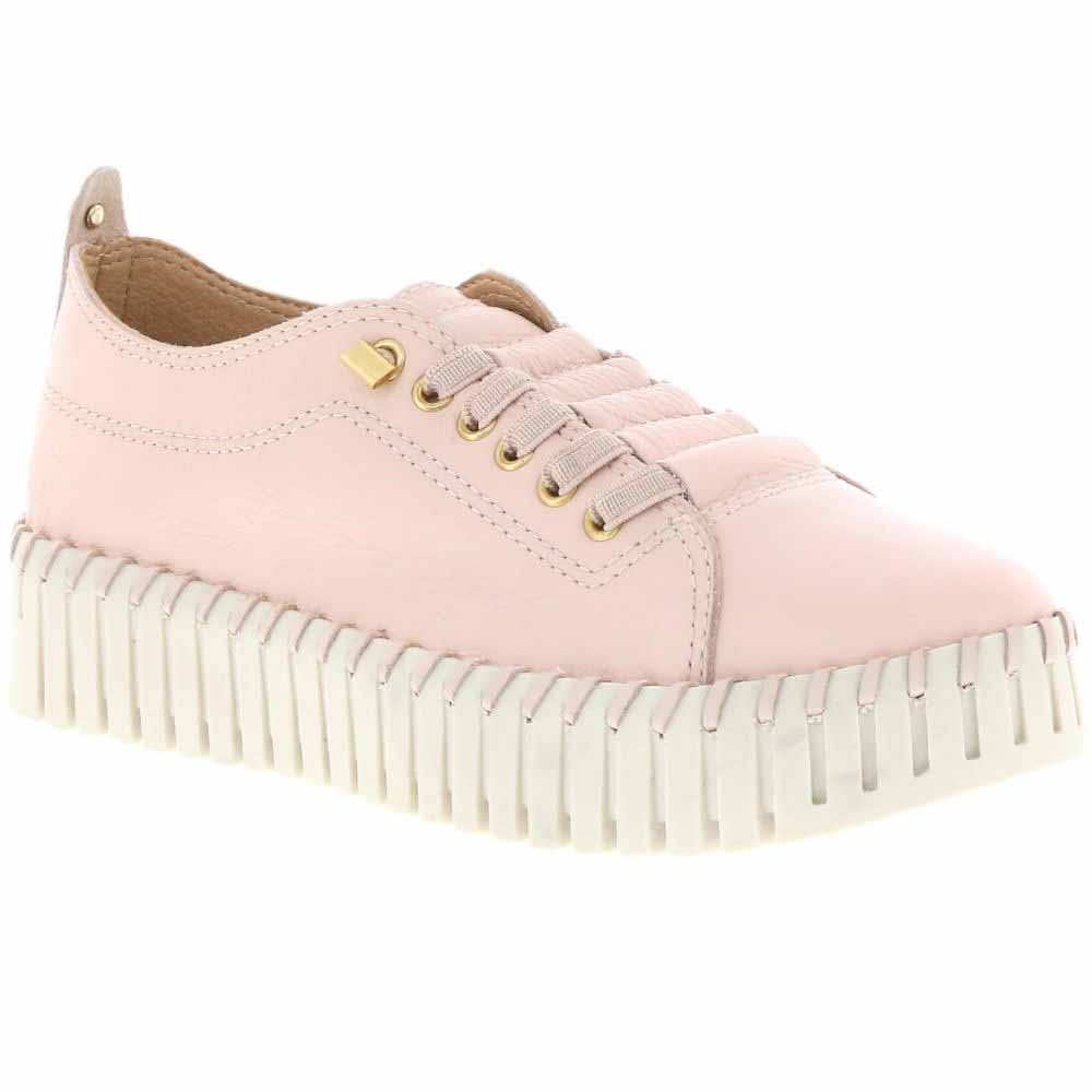 A light pink low-top sneaker with a chunky, pleated off-white platform sole and gold-tone eyelets, shown from a three-quarters angle on a white background.