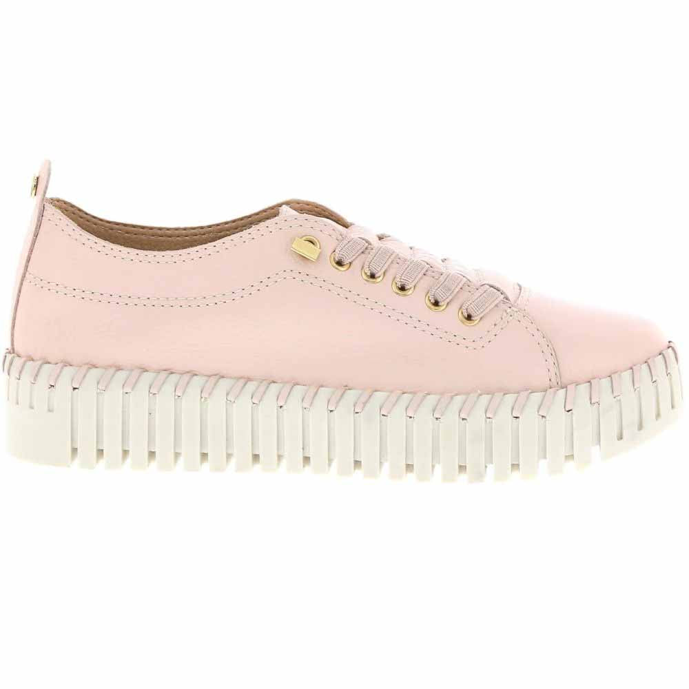A light pink leather low-top sneaker with a chunky, ribbed off-white platform sole and gold-tone eyelets, shown in a side profile on a white background.