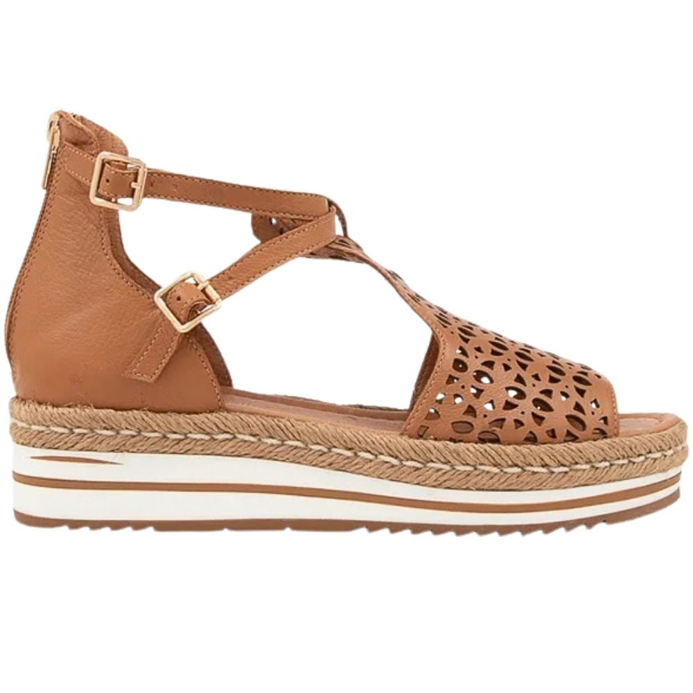 A tan platform wedge sandal with a cutout toe, double ankle straps with gold-tone buckles, and a braided jute-wrapped platform sole.