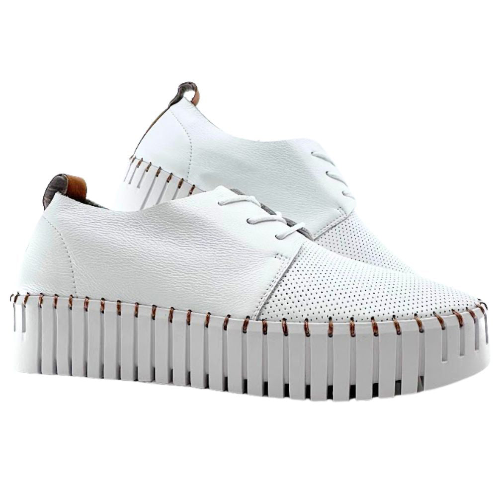 A white canvas low-top sneaker with brown leather accents and lace-up closure.